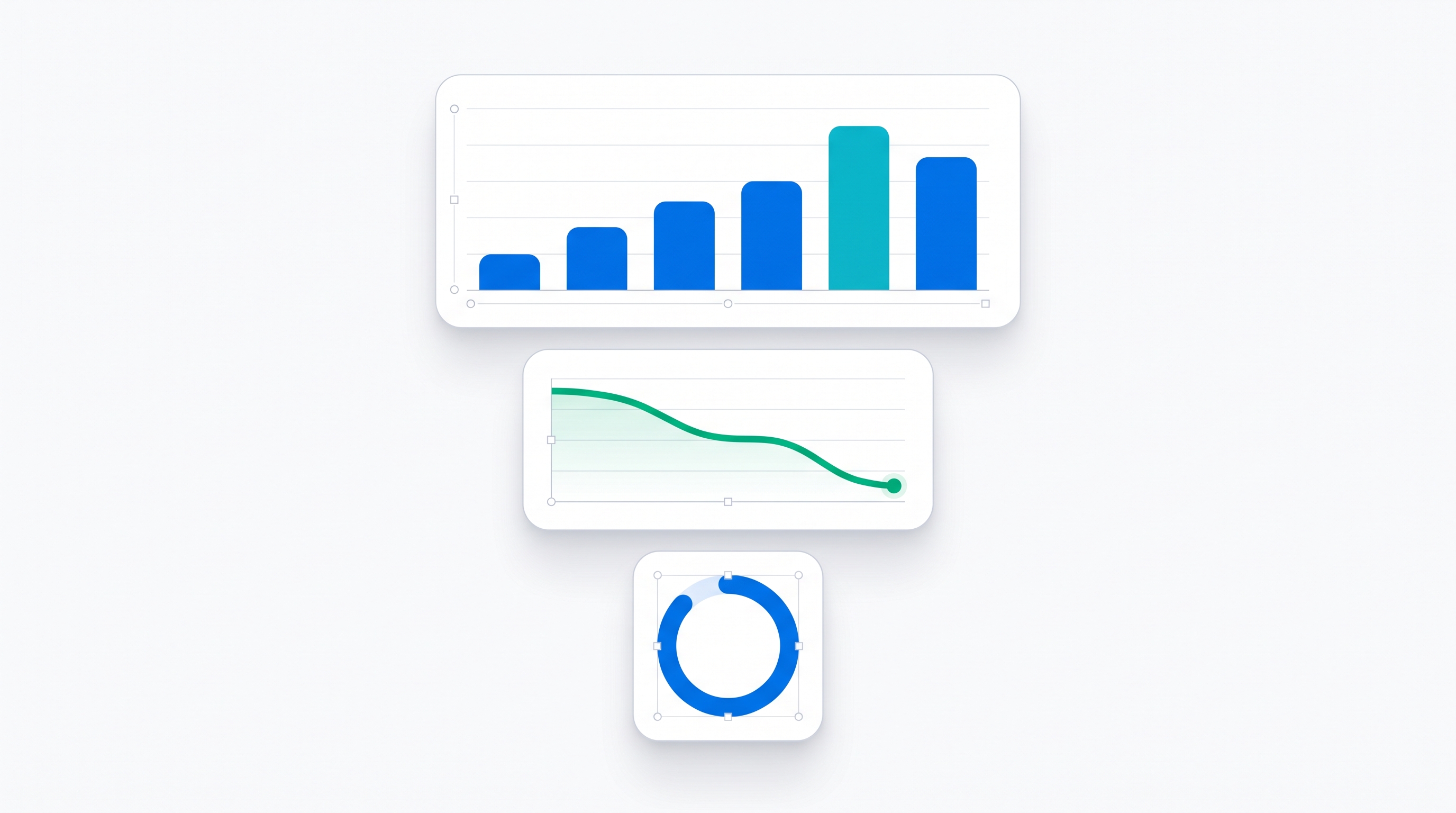 Abstract dashboard with three panels showing a bar chart, a downward line graph, and a circular gauge