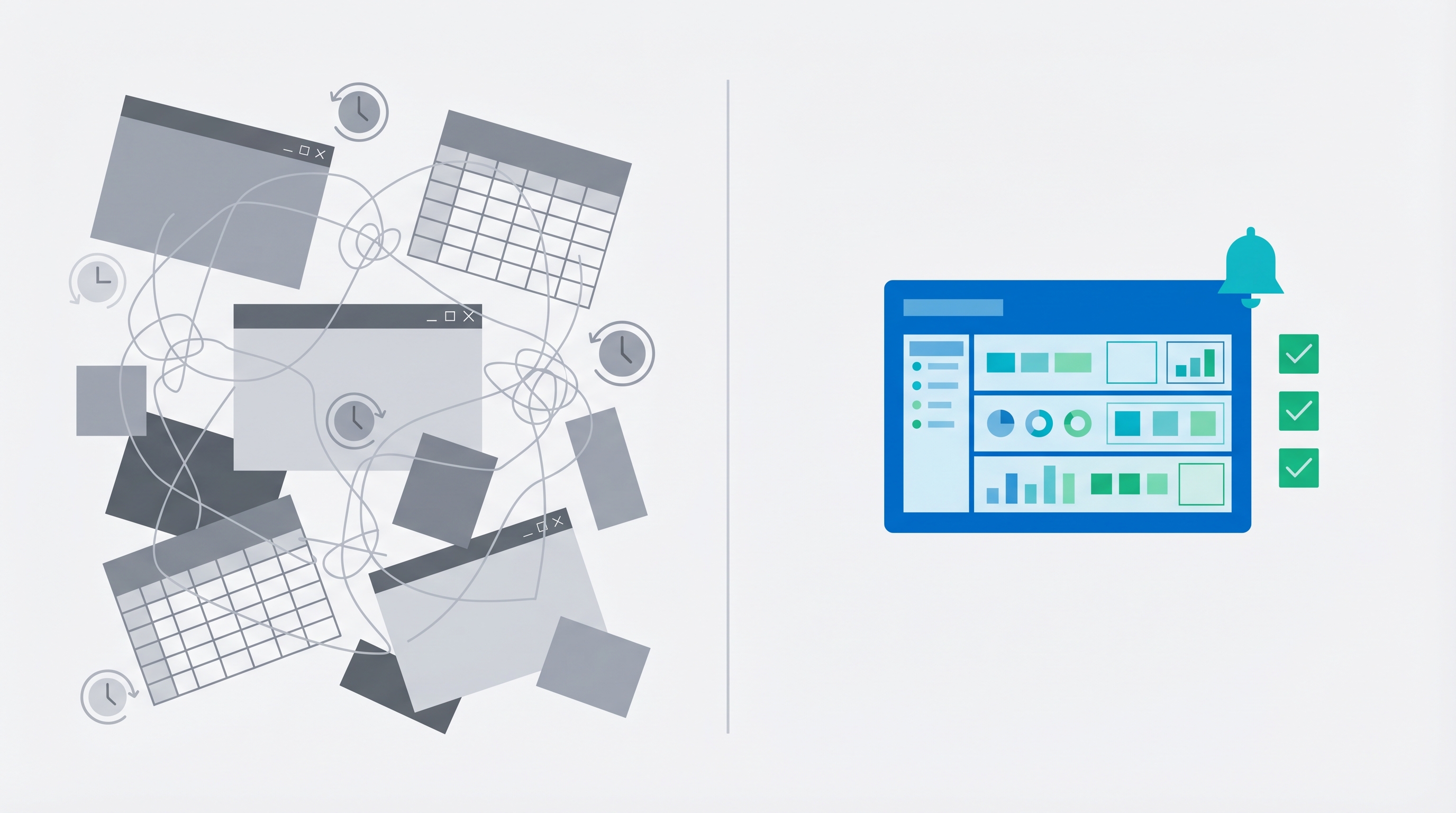 Comparison diagram showing chaotic manual competitive intelligence workflow versus streamlined automated CI with a single dashboard