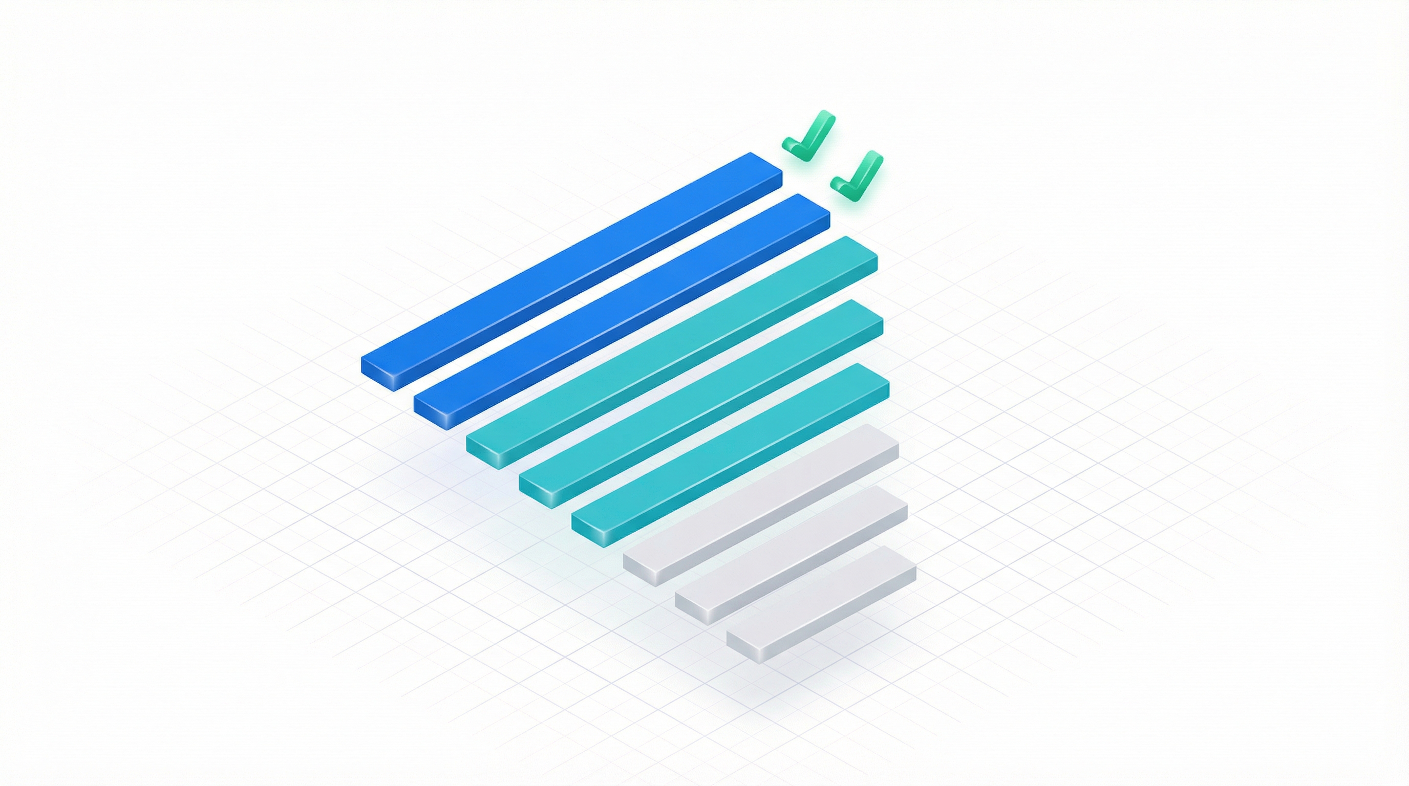 Isometric illustration of a prioritized scoring system with ranked bars of different lengths representing gap opportunities sorted by priority score