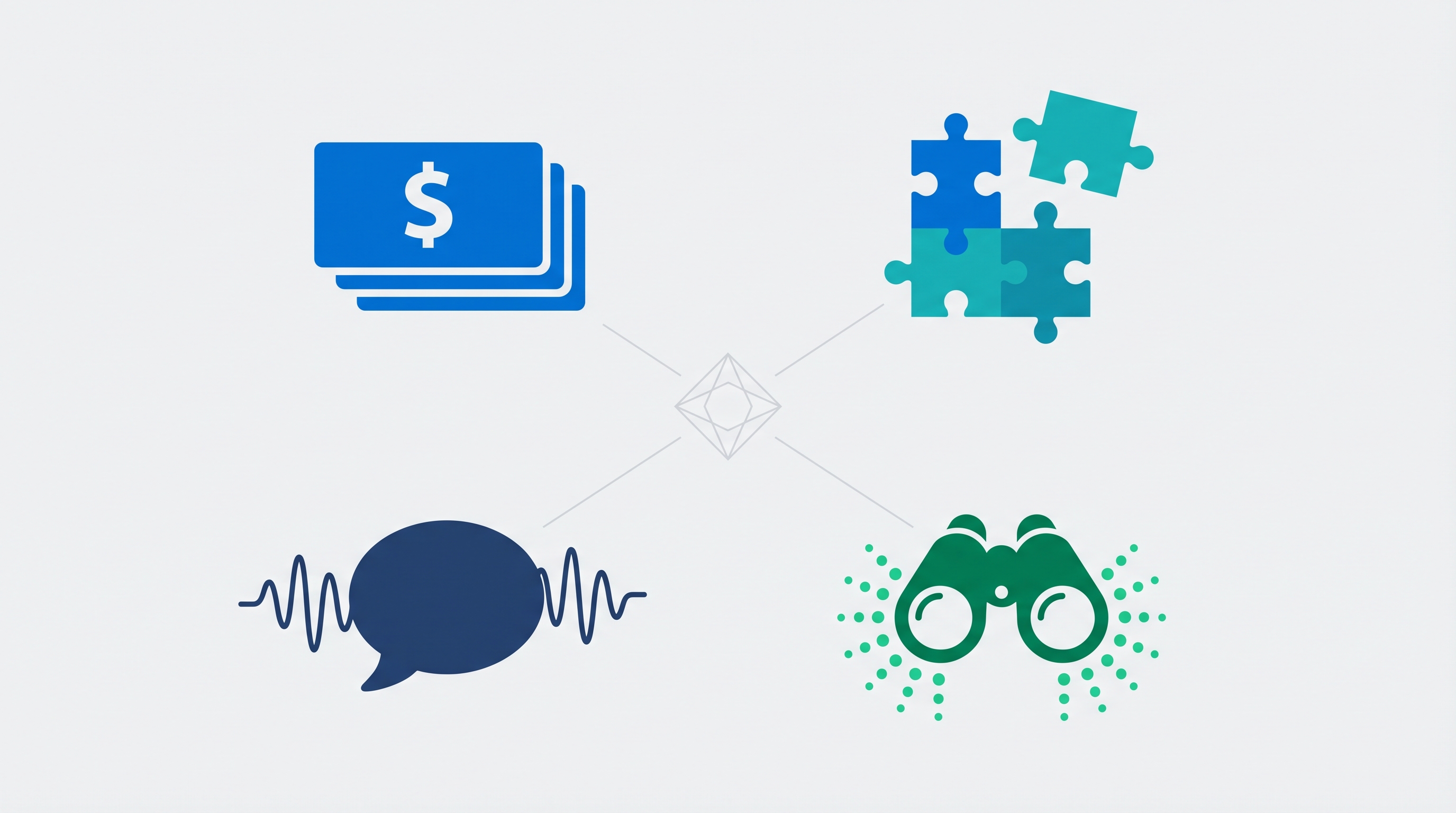 Four conceptual clusters representing pricing elements, feature tables, positioning signals, and hidden intelligence signals connected to a central point