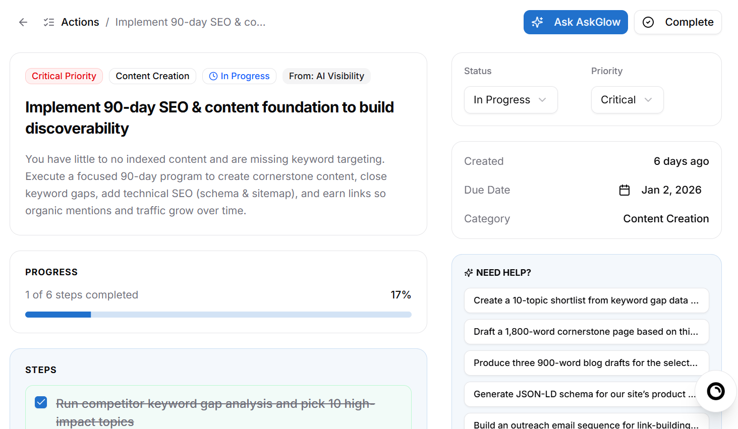 SpyGlow Actions dashboard