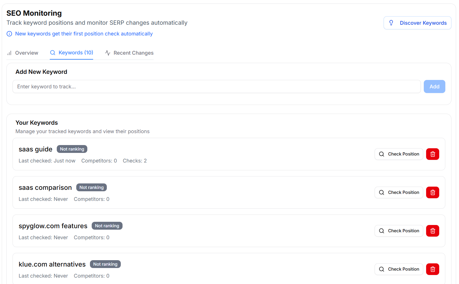 SpyGlow SEO Monitoring Dashboard